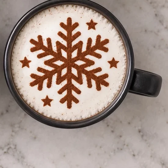 Latte with a cocoa snowflake print
