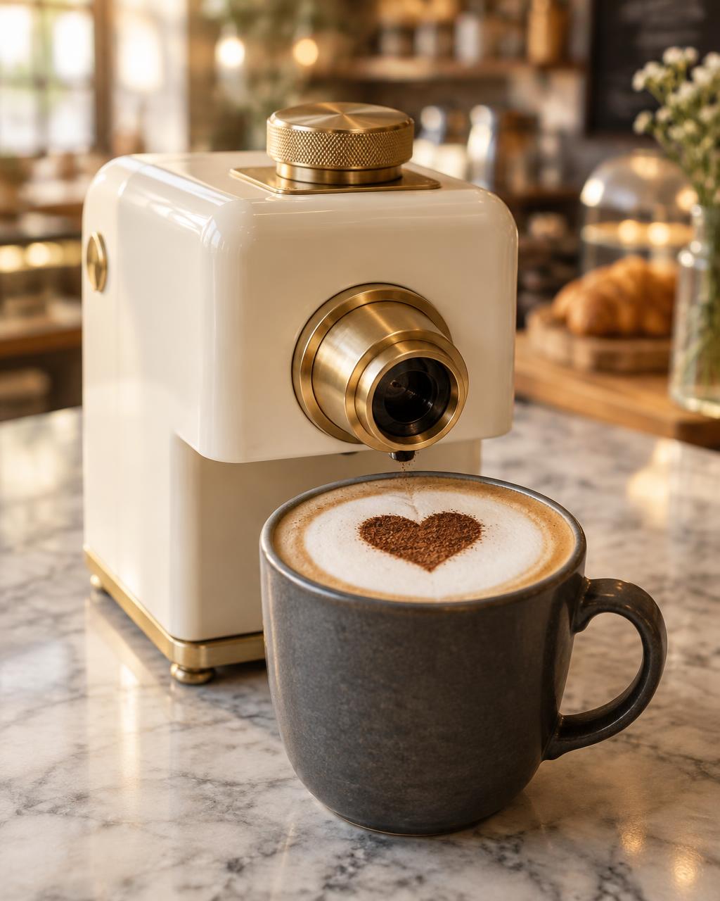 The printer dusting a heart shape in cocoa onto latte foam